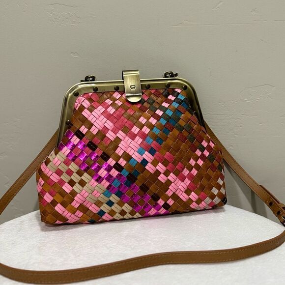 Colorful Genuine Woven Leather Retro Metal Frame & Push Lock Handbag, Crossbody - Picture 5 of 16